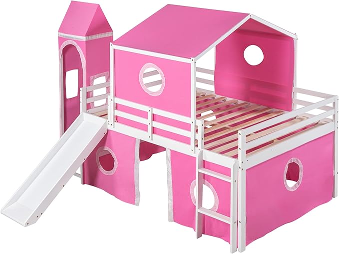 Playhouse Design Full Size Low Loft Bed with Slide & Tent and Tower, Solid Wood Tent Bed Frame for Kids Boys Girls, Versatile Spacious Under Bed Space with Curtains (Pink-TE)