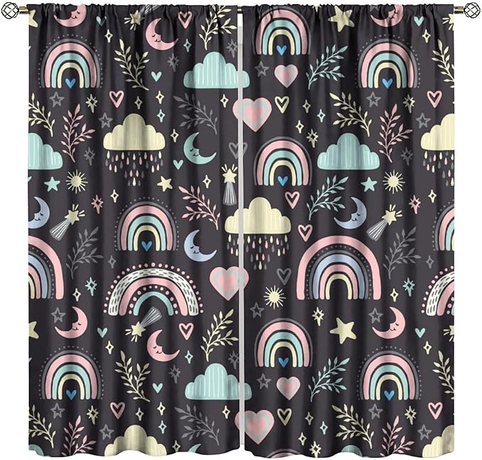 Boho Rainbow Curtains for Kids Nursery Colorful Floral Sun Star Clouds Pastel Bohemian Pattern Print Window Drapes for Girl Bedroom Living Room Kitchen Decor,2 Panel Set,55Wx63H Inch Blackout