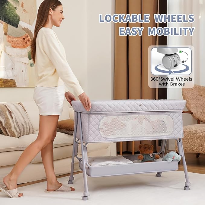 Bassinet Bedside Sleeper, Adjustable Height Baby Bassinet with Wheels, Easy Assemble & Folding Crib with Comfy Mattress, Breathable Mesh Bedside Bassinet for Infant Newborn (Grey)