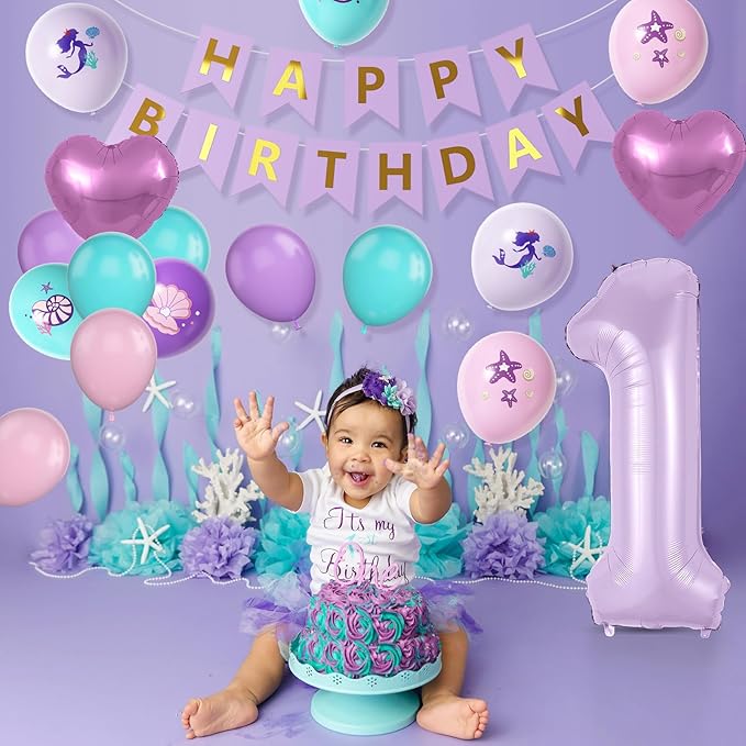 1st Mermaid Birthday Decorations for Girls, Purple Pink Teal Balloon with Mermaid Print Balloons Heart Foil Balloons Birthday Banner for 1 Year Old Under the Sea Theme Birthday Princess Party Supplies