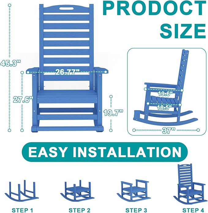 Outdoor Rocking Chair Set of 2 with Removable Footboard for Adults, HDPE High Back Patio Rocking Chairs, 330lbs All Weather Porch Rocking Chairs for Outdoor & Indoor -Navy Blue