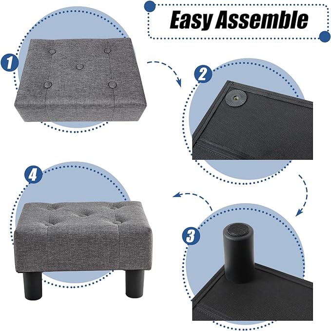 BRIAN & DANY Small Foot Stool, Linen Foot Stools with Legs, Stable Small Footstool for Living Room, Grey