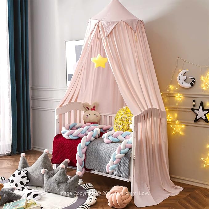 Princess Bed Canopy for Girls, Dreamy Tassels Ceiling Canopy Net Kids Room Decor Soft Nursery Crib Canopy Reading Nook, Large Children Canopies Full Queen Size with Lights - Light Pink