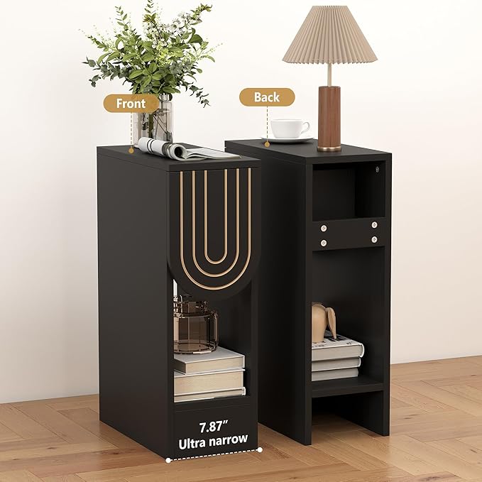 Narrow Nightstands Set of 2, Black Bedside Table with Carved Drawer and Storage Shelf, Mid-Century Modern Slim Side End Table for Bedroom Compact Space, Wooden Small Night Stand (2, Black)
