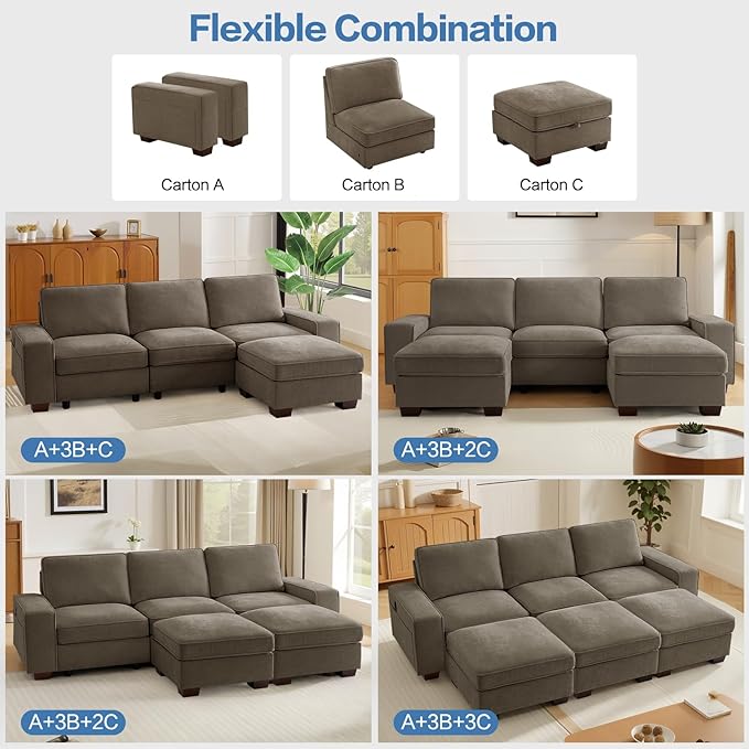 TEKAMON 100" Modular Sectional Sofa with Seats Storage, L Shaped Couch with Movable Ottoman, Chenille Fabric Couch for Living Room, Office, Apart W/Deep Seat, USB Charging,Removable Cover (Brown)