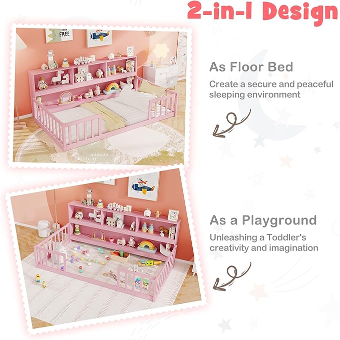KOMFOTT Twin Floor Bed with Bookcase & Shelves, Wood Bed Frame with Bedside Bookshelves & Guardrails, Versatile 2-in-1 Montessori Floor Bed for Kids (Twin,Pink)
