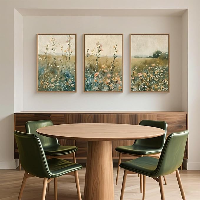 HLNIUC Vintage Watercolor Wildflower Landscape 3 Piece Wall Art Framed, Large Retro Floral Wall Decor(24x36), Nature Wilderness Farmhouse Rustic Field Canvas Painting for Living Room, Bedroom, Office