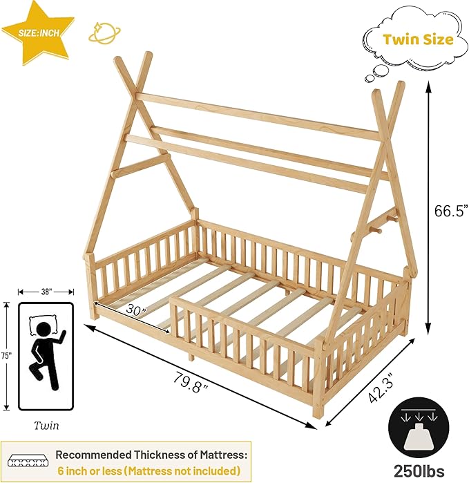 Twin House Bed with Light,Wood Twin Montessori FloorBed with Rails & Roof,Teepee Bed for Kids Boys Girls,with Slats Support,No Box Spring Needed, Natural