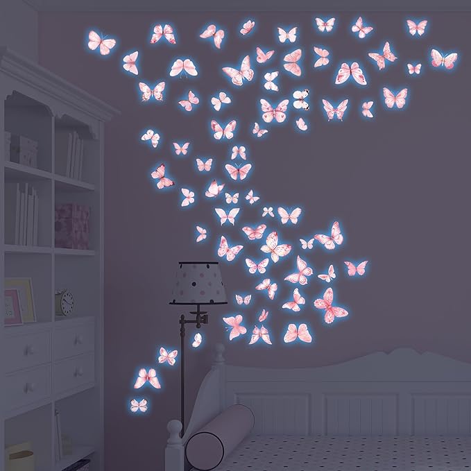 Glow in The Dark Pink Butterfly Wall Decals，Glowing Luminous Watercolor Butterfly Wall Stickers Removable self-Adhesive Butterfly Decals for Girls Bedroom Kids Baby Nursery Living Room Decor