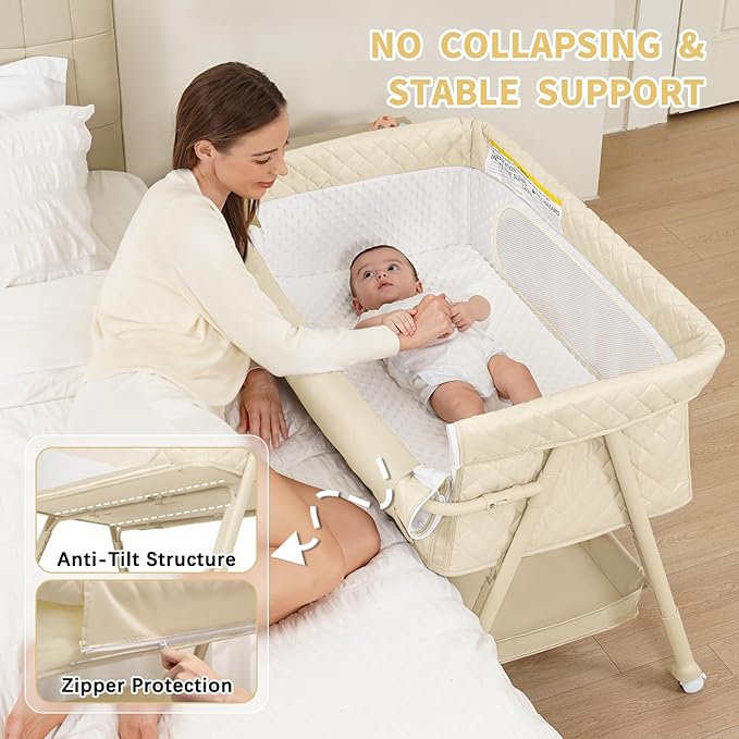 Baby Crib for Newborn, Baby Bassinets Bedside Sleeper with Breathable Mesh & Mattress, Easy Move Crib for Newborns with Lockable Wheels, 4-Adjustable Height Beside Bassinet (Beige)