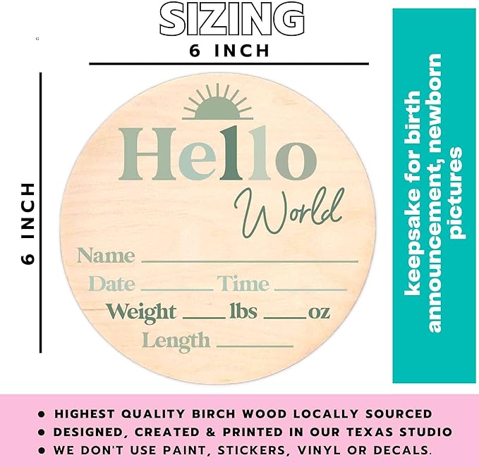 Hello World Newborn Sign - Baby Name Birth Announcement Plaque for Hospital - Photo Prop - Green Nursery Decor - Shower Gift