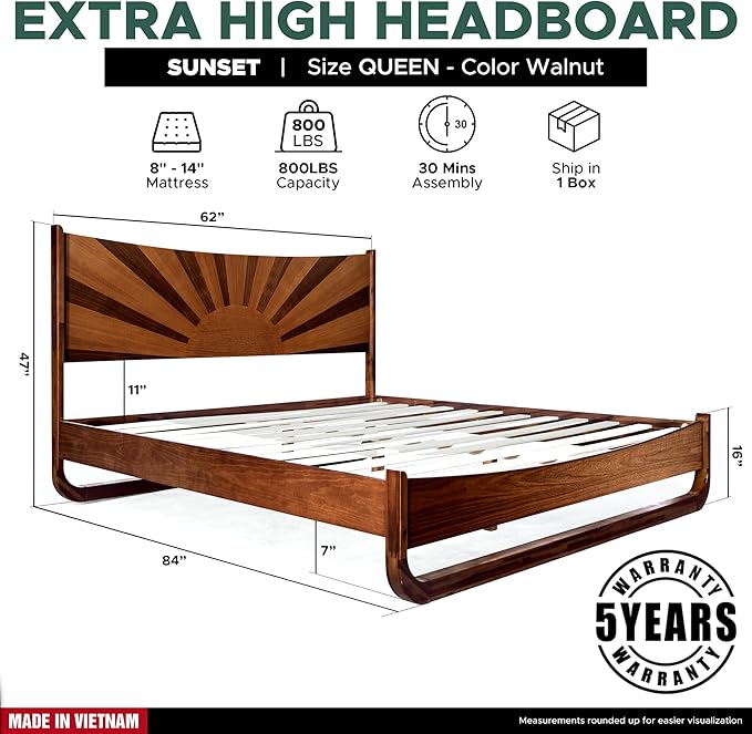 Sunset Deluxe Solid Acacia Wood Queen Size Platform Bed Frame with Tall Headboard, Mid-Century & Art Deco Design, No Box Spring Needed, Strong Wood Slat Support, Easy Assembly, Walnut