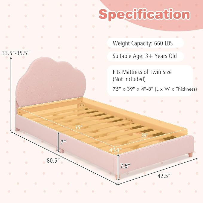 Costzon Twin Bed Frames for Kids, Upholstered Wooden Kids Bed w/Adjustable Headboard, Slats Support, 660 LBS Weight Cap, No Box Spring Needed, Easy Assembly, Twin Platform Bed Frame (Pink Cloud)