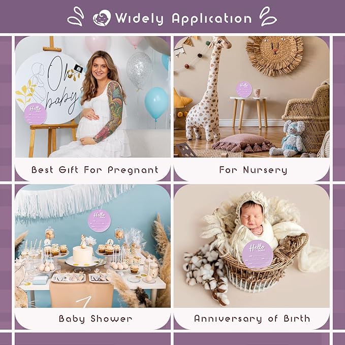 Baby Announcement Sign, 6.7 Inch Hello World Newborn Sign, Thickness Upgrade Birth Announcement Sign for Hospital, Nursery Baby Shower (Purple)