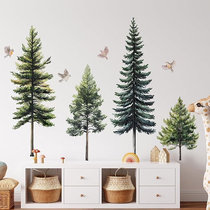 46.8" Green Pine Tree Wall Decals Large Forest Tree Wall Stickers 4 Sheets Peel and Stick Bird Wall Decal for Living Room Bedroom Nursery Kids Room Christmas Decor (Green Pine Trees)