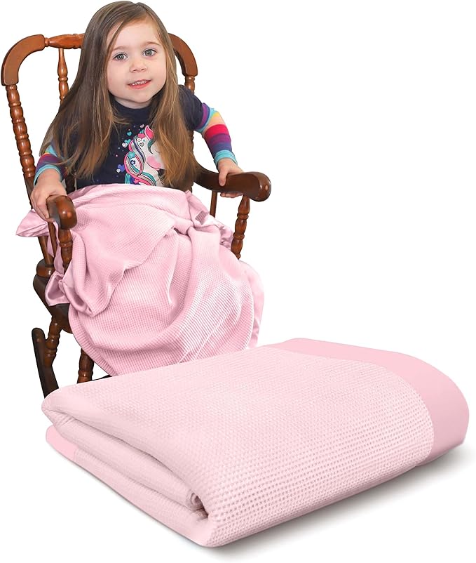 Blankets Thermal Waffle Baby Blanket Crib Bedding - Soft Cozy Warm Infant Thermal Cover for Nursery Stroller or Bassinet, Lightweight Ideal Shower Gift, Satin Trim Pink 36" x 50"