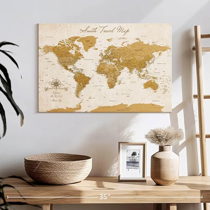 ElephantStock - Personalized Travel Push Pin World Map Wall Art - Horizontal Canvas Wall Art - Living Room Wall Decor - Digital Art Map Canvas Art - Orange And Beige Decor - 24" x 16"