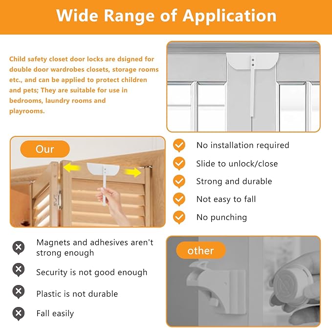 Adjustable Bifold Door Lock - Metal Child & Pet Proof Safety Locks for Cabinets, Closets, Pantry (0.6"-2" Door Thickness) No Drill Installation, White Finish w/Spare Screws (2 Pack)