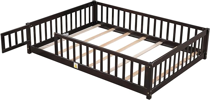 Full Montessori Floor Bed with Roof & Slats for Girls & Boys,Twin Size Floor Bed w/Safety Guardrails for Girls,Boys/Espresso