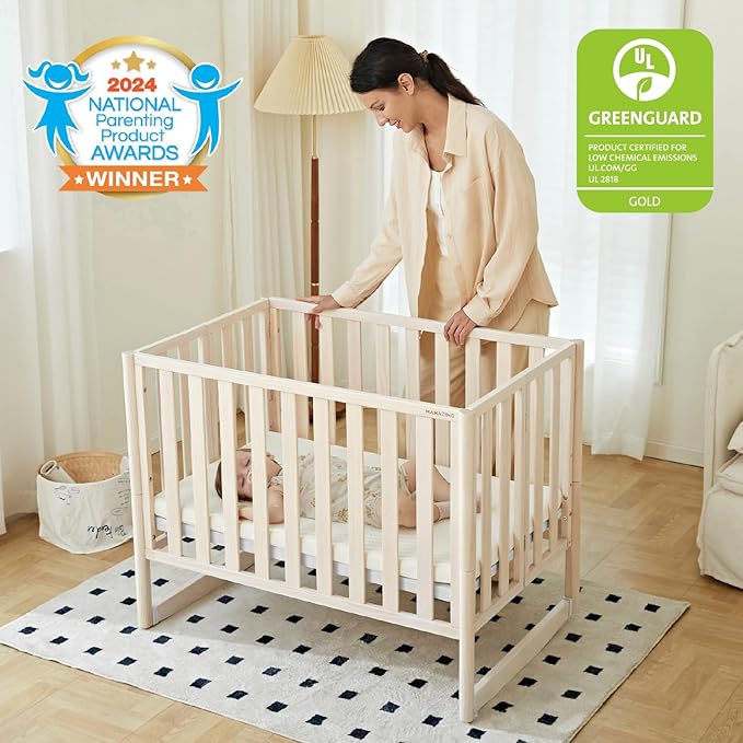 MAMAZING EvoNook 6-in-1 Convertible Mini Crib, 100% New Zealand Wood, 4 Adjustable Mattress Heights, Crib with Mattress,GREENGUARD Gold Certified, Washed Natural