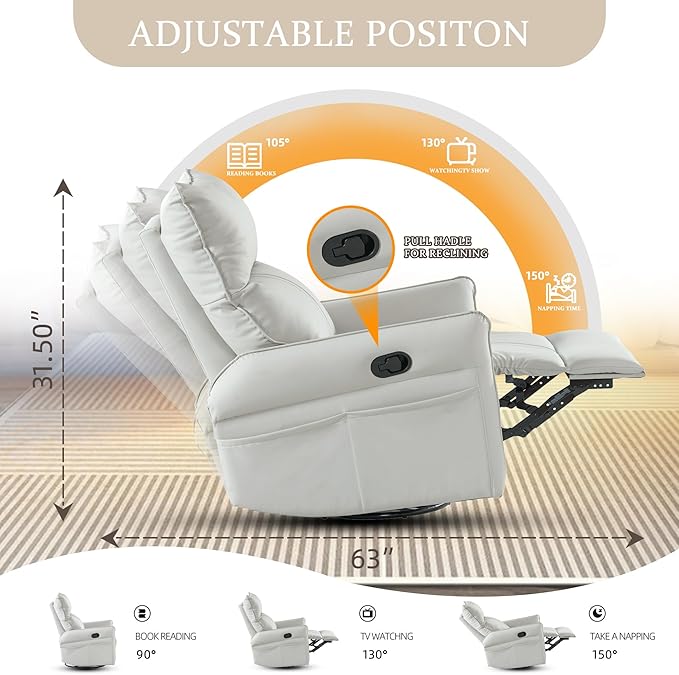 Swivel Rocker Recliner Chair, Upholstered 360° Fabric Leather Glider Rocker Chair for Nursery, Manual Small Recliners for Small Spaces Living Room Weight Capacity 300lbs