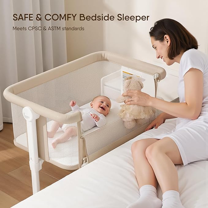 Bassinet Bedside Sleeper - All-Mesh Design, Portable Bedside Bassinet for Baby with Washable Mattress, 5 Adjustable Heights（Beige）