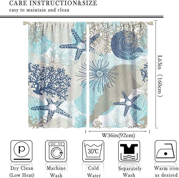 Coastal Curtains Ocean Beach Themed Room Darkening Window Curtain Nautical Coral Blackout Curtain for Bedroom Living Room Bathroom Nursery Set 2 Panels,72x63 Inches