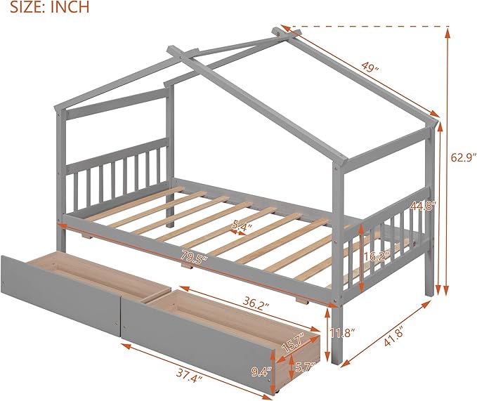 Merax Twin Size Wooden House Bed with Two Drawers, Wood Bed Frame with Roof for Kids, Teens, Boys or Girls, Grey