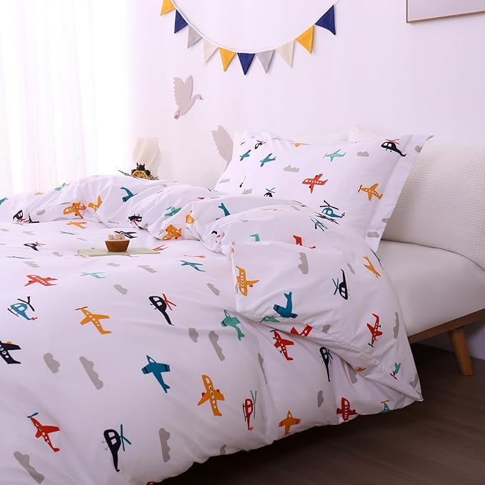 JSD Airplane Kids Duvet Cover Set Queen Size, 3 Piece Soft Printed Microfiber Comforter Cover with Pillow Sham Zipper Closure, Comforter Not Included