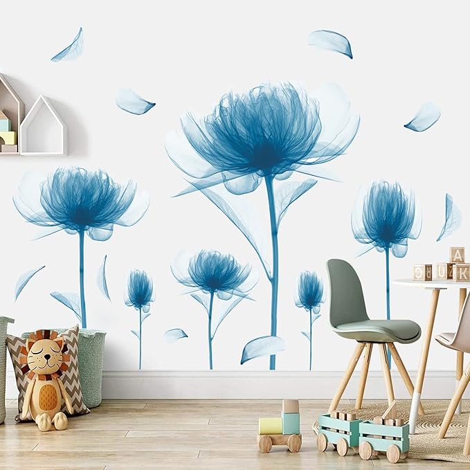 6 PCS Blue Lotus Blossom Floral Wall Stickers Romantic Painting Art Decor Flowers Bud Wall Decals Vinyl Removable Peel and Stick for Living Room Nursery Room Bedroom Office Bathroom Wall Decoration