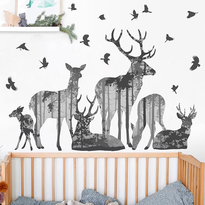 2 Sheets Forests Silhouette Animals Wall Decals Removable Wild Elk Tree Wall Decals Peel and Stick Vinyl Birds Wall Art Decor for Children Nursery Bedroom Living Room Wall Corner Decor