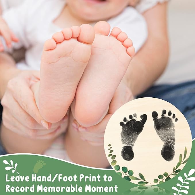 R HORSE Baby Birth Announcement Sign with Marker Pen, Greenery Eucalyptus Baby Name Sign with Ink Pad for Hand and Footprints, Wooden Hello World Newborn Announcement Nursery Decor Keepsake Gifts