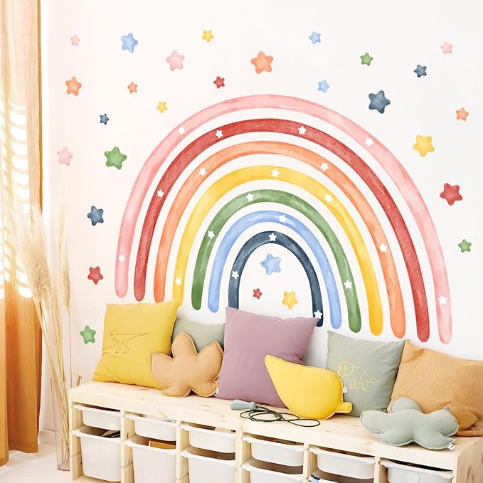 Tanlaby 56" X 43" Large Rainbow Wall Stickers Watercolor Stars Wall Decals Peel and Stick Colorful Art Decor for Baby Nursery Girls Bedroom Kids Playroom Daycare Classroom