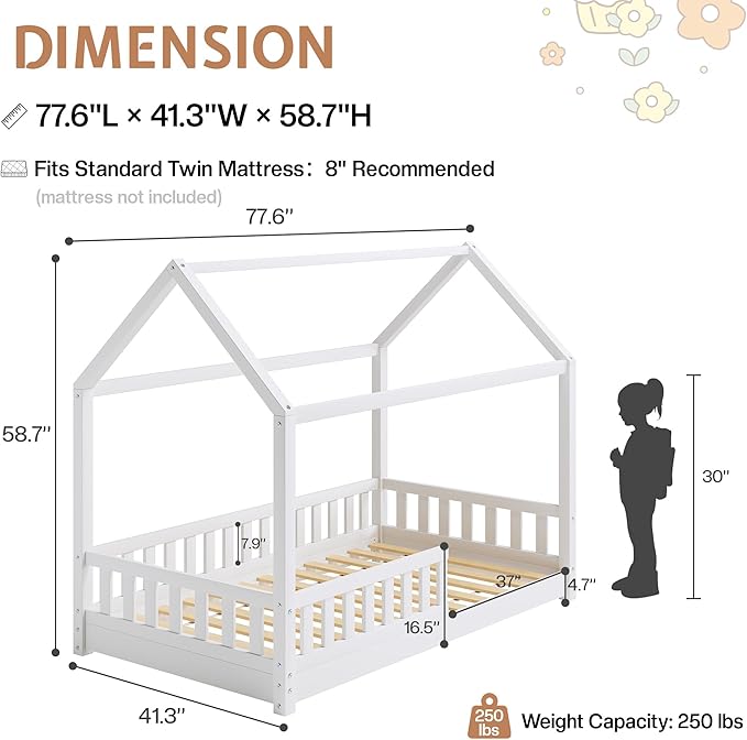 Jocisland Twin Size House Bed for Kids, Montessori Wooden Floor Bed Frame with Guardrails, Removable Rails, Playhouse Roof, Easy Assembly, Toddler Floor Bed for Boys & Girls, White