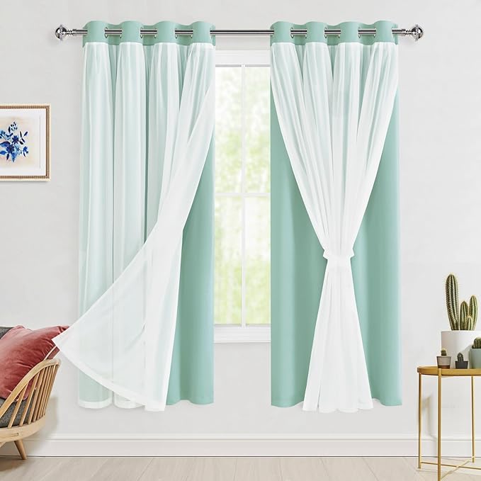 Hiasan Blackout Curtains with Sheer Overlay, Grommet Thermal Insulated Privacy Mix and Match Double Layer Window Curtains for Bedroom, Living Room, 2 Drape Panels with Tiebacks, Aqua, 52W X 63L