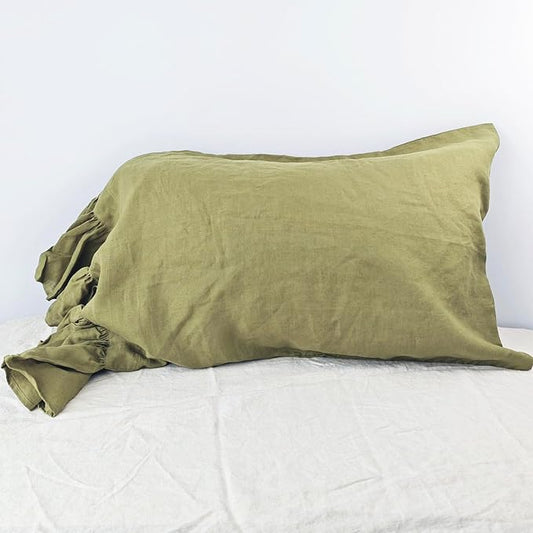Olive Green Ruffles Linen Pillowcase, 100% French Linen Pillow Cover, Queen Size 1 Piece Farmhouse Shabby Chic Pillow Case, 20''x30'' Pillowcase with Decorative Ruffle Envelope Closure
