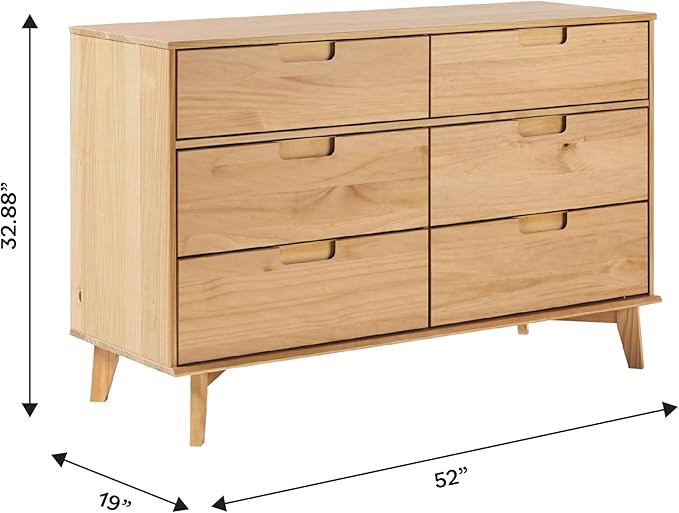 Walker Edison Sloane 6-Drawer Groove Handle Solid Wood Dresser, 52 Inch, Natural Pine