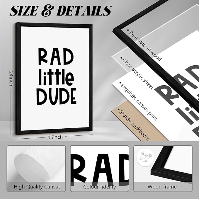 Boys Room Wall Art Decor Toddler Nursery Canvas Wall Art Baby Kids Wall Decor Black Checkered Smiley Poster Pictures Retro Playroom Rad Little Dud Art Prints for Bedroom 16x24x3 Inch Wood Framed