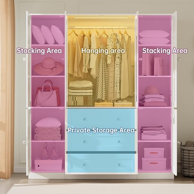 VOWNER 75" Tall Armoire Wardrobe Closet with Drawers and LED, Clothing Storage Cabinet with Glass Doors & Hanging Rod, 6 Doors Wooden Armoire Storage Cabinet for Bedroom (White)