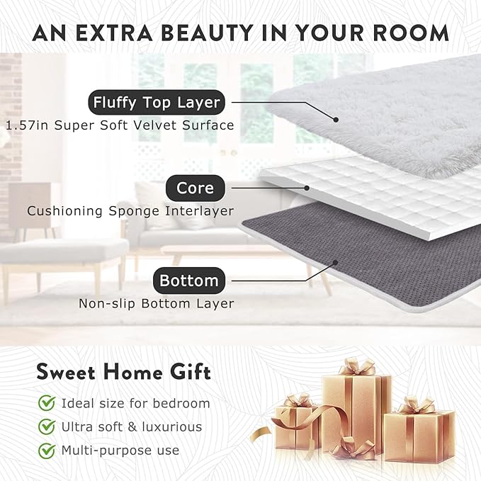 5x7 White Rugs for Bedroom, Soft Fluffy Shaggy Rugs for Living Room, Non-Slip Fuzzy Shag Carpet for Kids Room Home Decor