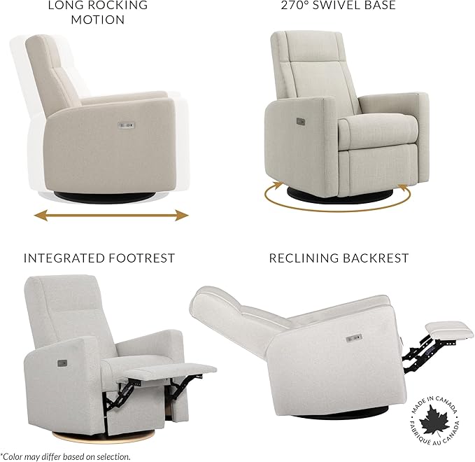 Nelly Modern Nursery Chair Glider Recliner with 180° Swivel - Cozy Motorized Reclining Nursing Chair with USB Ports, Gentle Motion, Hybrid Memory Foam, Lumbar Support (Vanilla/Beyond Sheep Fabric)