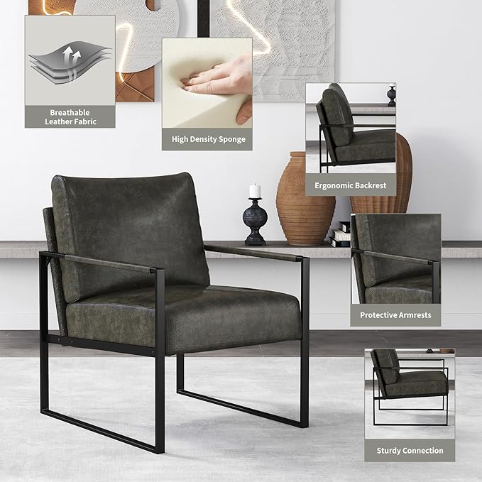 CANMOV Modern Accent Chair Set of 4, PU Leather Armchair with Metal Frame,Comfy Single Reading Chair with Soft Padded Backrest and Cushion for Living Room, Bedroom,Reading Room,Office,Dark Grey