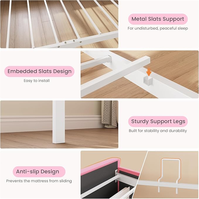 DICTAC Twin Size Bed Frame for Girls with Storage Drawers, Bookcase Headboard, LED Lights and Power Outlets, Diamond Tufted Velvet Upholstered Princess Platform Bed, Heavy-Duty Metal Support, Pink