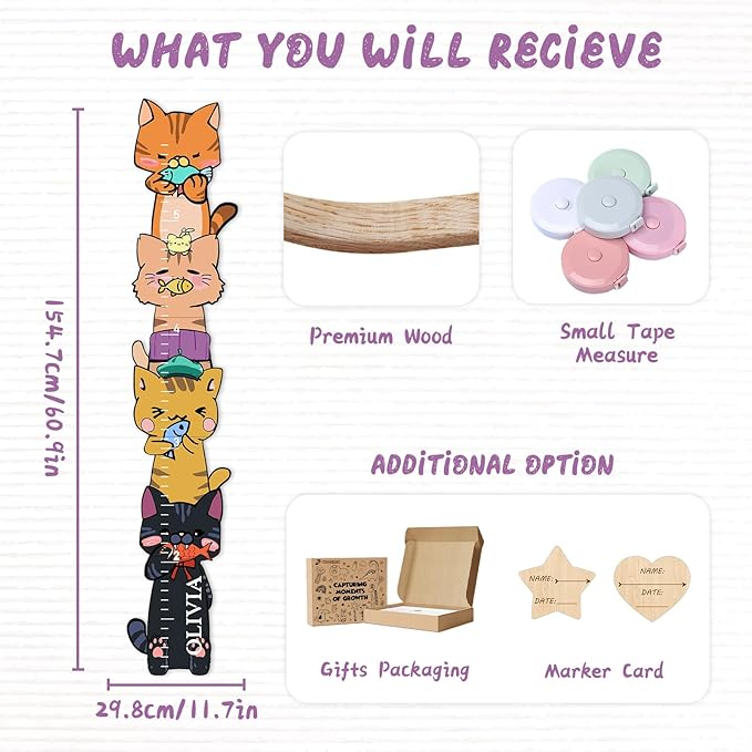 Personalized Name Growth Chart for Kids, Kitten Eating Fish Wooden Height Chart for Wall, Height Measurement for Wall Kids Height Wall Chart Kids Room Nursery Wall Decor