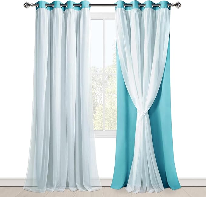 Hiasan Blackout Curtains with Sheer Overlay, Thermal Insulated Sun Blocking Grommet Window Curtains for Bedroom, Living Room, Kids' Room, 2 Drape Panels with Tiebacks, Turquoise, 52W X 96L