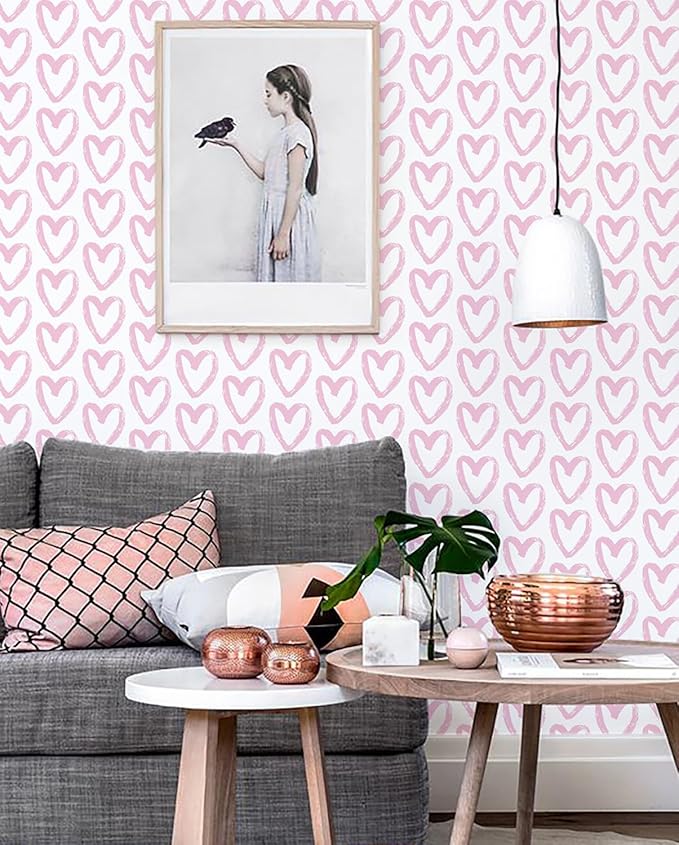 Timeet 17.7In x 196.8In Pink Wallpaper Heart Wall Paper Peel and Stick Modern Self Adhesive Removable Contact Paper Cabinets Wallpaper for Bedroom Kids Room Eco-Friendly Wallpapers
