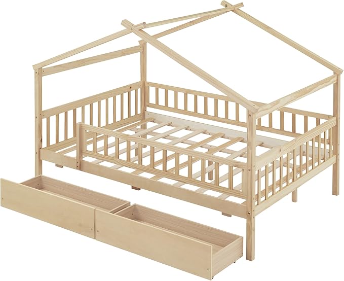Merax Full Size Wooden House Bed with Two Drawers, Wood Bed Frame with Roof and Safety Guardrail for Kids, Teens, Boys or Girls, Natural