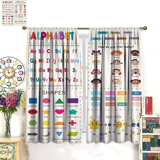 Kids Educational Alphabet Cartoon Curtain Solar System Shapes Cute Knowledge Printed Rod Pocket Blackout Window Drapes for Todders Nursery Baby Bedroom Living Room 84" W X 84" L