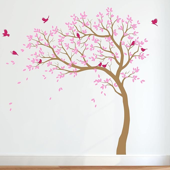 Large Tree Wall Decals Nursery Leaning Tree Stickers with Birds Wall Art Mural Vinyl Decor KW032 (Leaning Left, Light Brown; Soft Pink; Hot Pink)