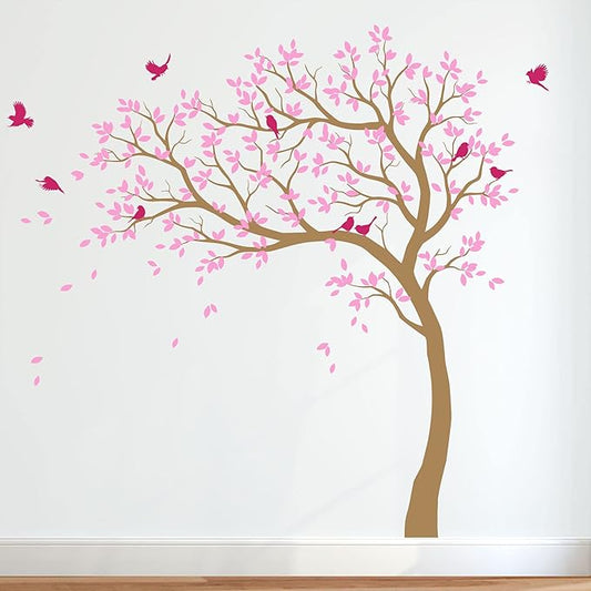Large Tree Wall Decals Nursery Leaning Tree Stickers with Birds Wall Art Mural Vinyl Decor KW032 (Leaning Left, Light Brown; Soft Pink; Hot Pink)